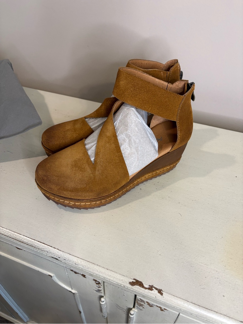 Antelope Tan Suede Wedge Mules with Ankle Strap
